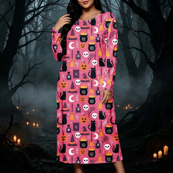 IUYRTFE Women Plus Size Halloween Print Long Sleeve Nightgown Loose Fit Sleep Dress for Fall Winter Lounge Wear