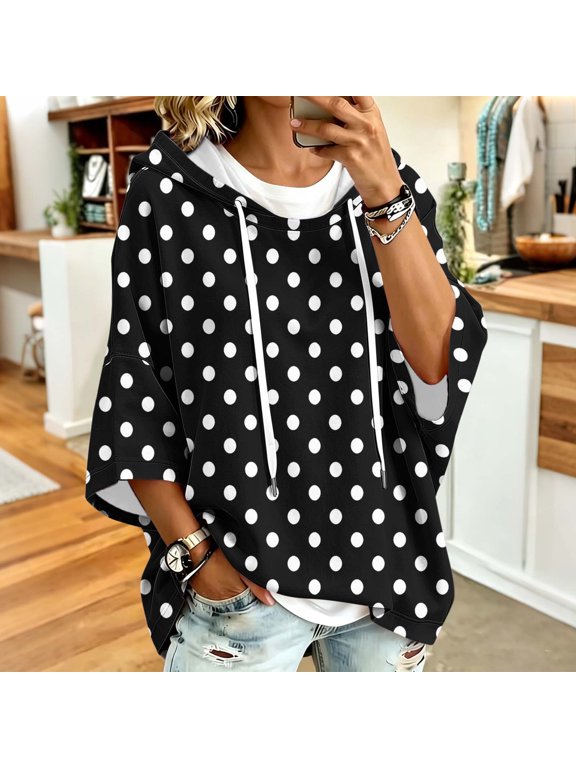 IUYRTFE Women Polka Dot 3/4 Sleeve Drawstring Hooded Top Casual Loose Fit Summer Blouse