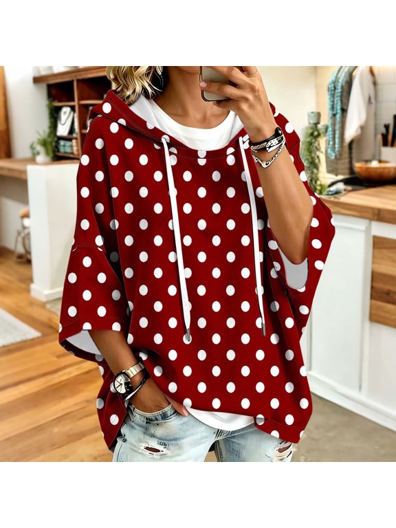 IUYRTFE Women Polka Dot 3/4 Sleeve Drawstring Hooded Top Casual Loose Fit Summer Blouse