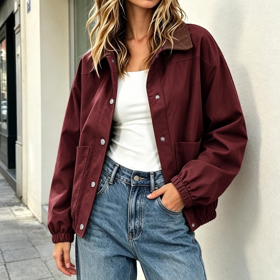 IUYRTFE Women Relaxed Fit Snap Button Jacket with Pockets for Casual Daily Wear