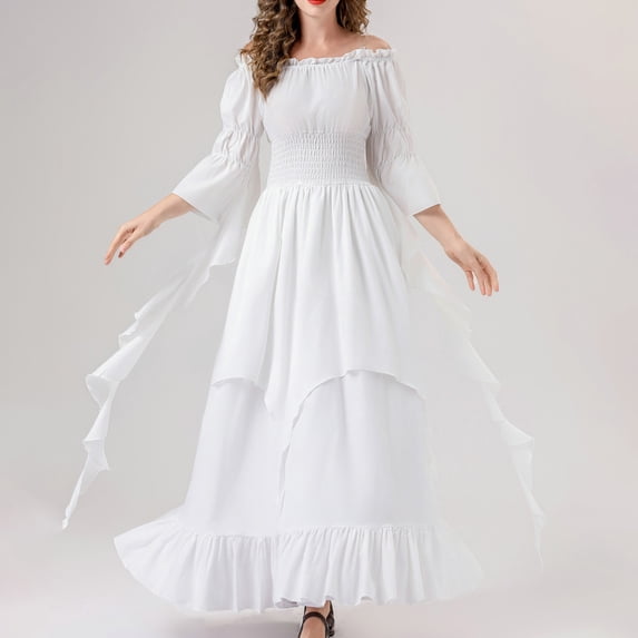 IUYRTFE Women Renaissance Gothic Dress Off Shoulder Lace Up Ruffled Maxi Gown for Medieval Faire Halloween Outfit