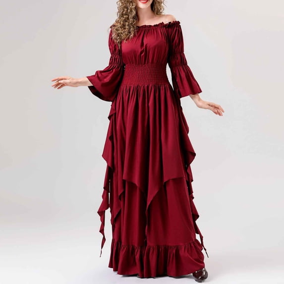 IUYRTFE Women Renaissance Gothic Dress Off Shoulder Lace Up Ruffled Maxi Gown for Medieval Faire Halloween Outfit