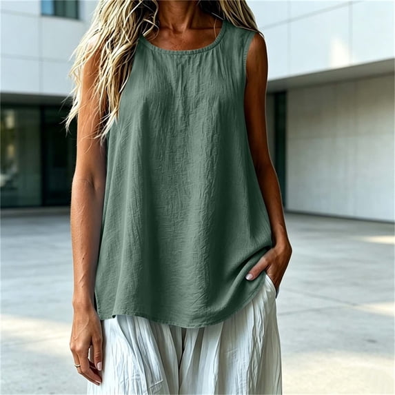 IUYRTFE Women Round Neck Sleeveless Tank Top with Side Slits Loose Fit Casual Summer Blouse