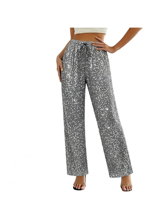 Women Sequin Elastic Waist Wide Leg Pants Sparkly Glitter Long Trousers for Party Club Evening Wear
