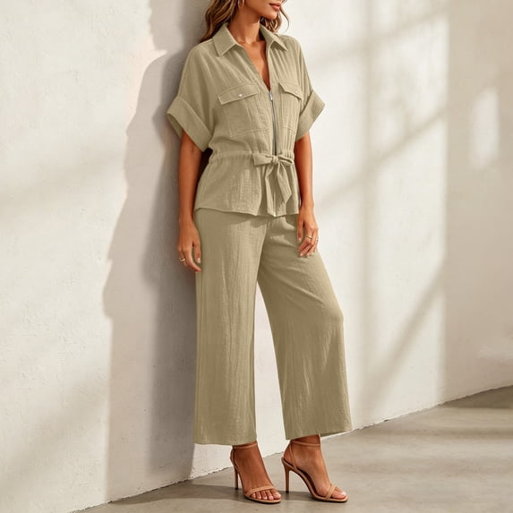 IUYRTFE Women Short Sleeve Button Down Shirt and Wide Leg Pants Set with Pockets Casual 2 Piece Outfit