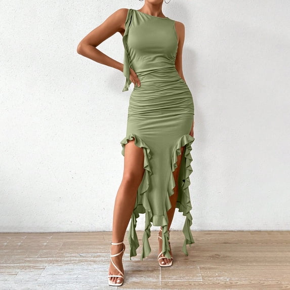 IUYRTFE Women Sleeveless Crew Neck Hollow Out Retro Maxi Dress with Side Slit for Halloween Party Halloween Outfit
