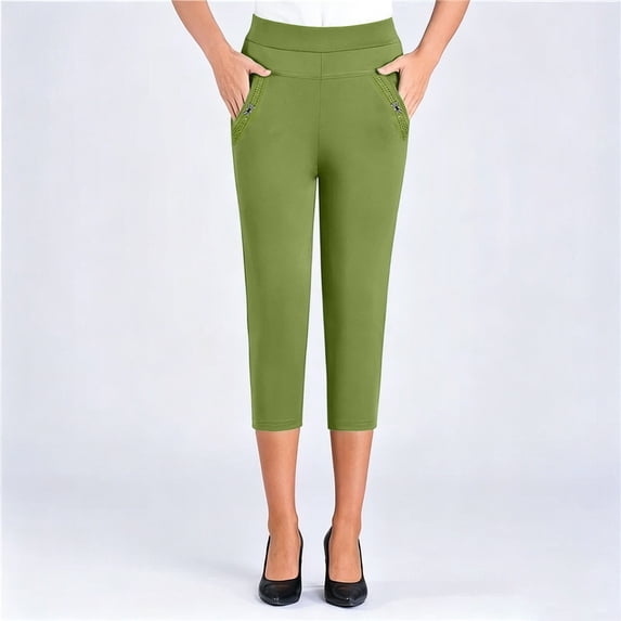 IUYRTFE Women Solid Color Elastic Waist Straight Leg Capri Pants with Pockets Casual Summer Trousers