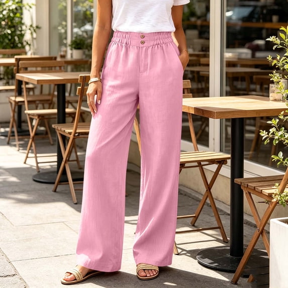 IUYRTFE Women Solid Color Elastic Waist Straight Leg Pants with Pockets for Casual Daily Wear
