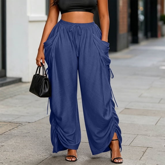 IUYRTFE Women Solid Color Lantern Pants Drawstring Elastic Waist Loose Harem Trousers with Pockets