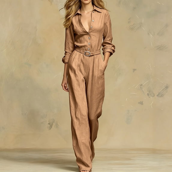 IUYRTFE Women Solid Color Long Sleeve Button Down Jumpsuit Wide Leg Pants with Pockets for Casual Daily Wear
