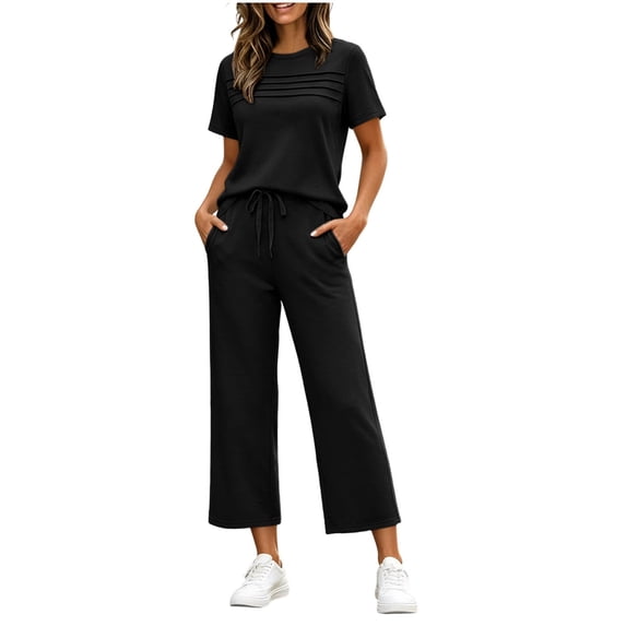 IUYRTFE Women Solid Color Short Sleeve Top and Drawstring Wide Leg Pants Set Casual 2 Piece Outfit