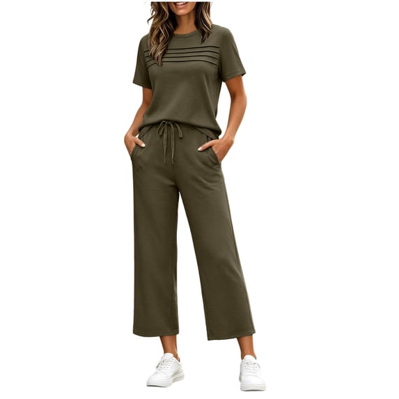 IUYRTFE Women Solid Color Short Sleeve Top and Drawstring Wide Leg Pants Set Casual 2 Piece Outfit