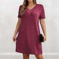 thumbnail image 1 of IUYRTFE Women Solid Color Short Sleeve V Neck Ribbed Dress Casual Loose Fit Summer Mini Dress, 1 of 6
