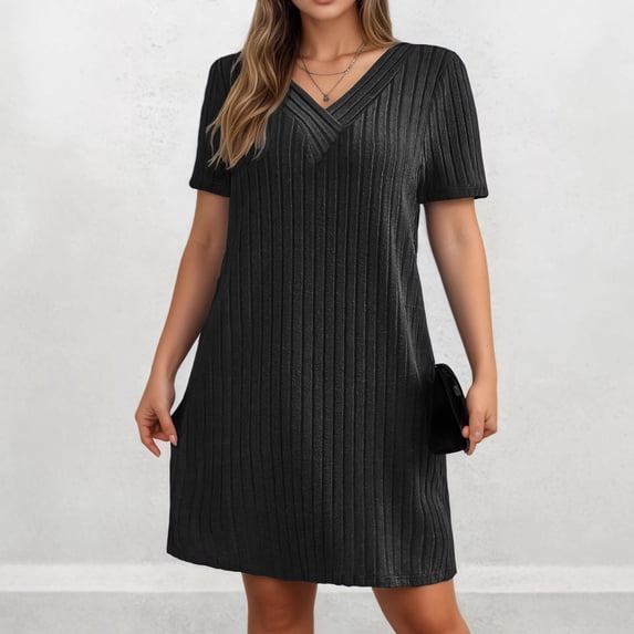 IUYRTFE Women Solid Color Short Sleeve V Neck Ribbed Dress Casual Loose Fit Summer Mini Dress