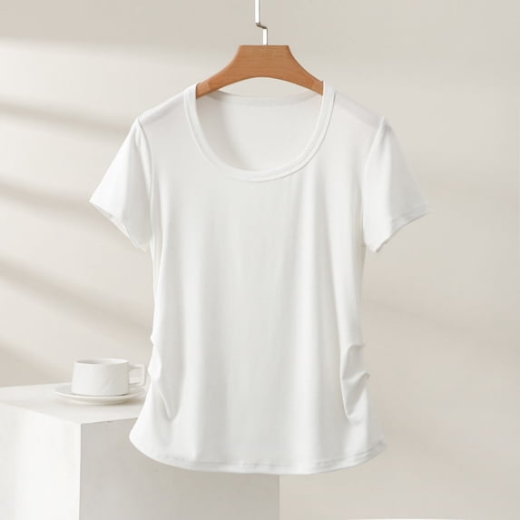IUYRTFE Women Solid Color V Neck Short Sleeve T Shirt Slim Fit Casual Basic Top for Daily Wear