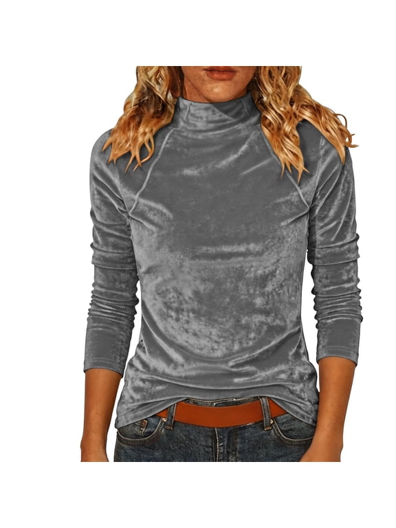 Women Turtleneck Velour Top Long Sleeve Pullover Shirt