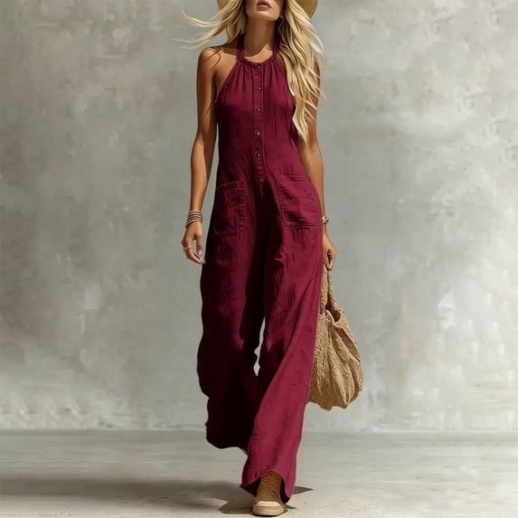 IUYRTFE Women V Neck Front Button Linen Style Jumpsuit Sleeveless Wide Leg Romper with Pockets