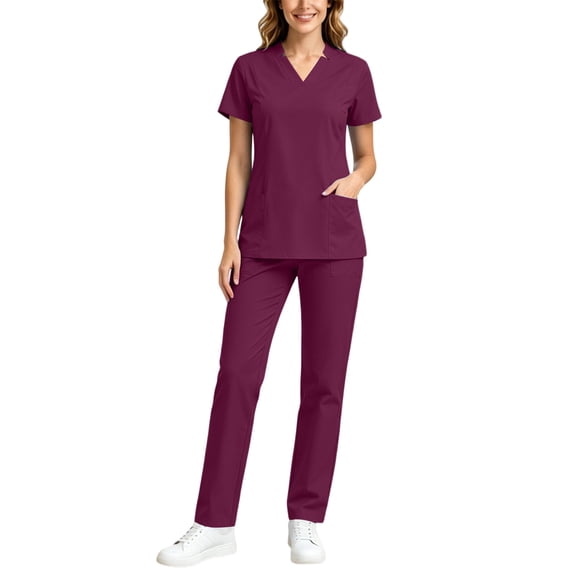 IUYRTFE Women V Neck Scrub Set Elastic Waist Drawstring Pants with Pockets for Medical Workwear