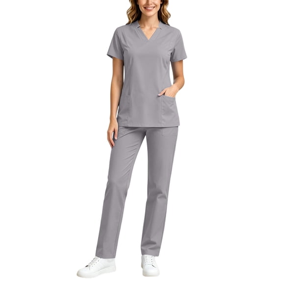 IUYRTFE Women V Neck Scrub Set Elastic Waist Drawstring Pants with Pockets for Medical Workwear