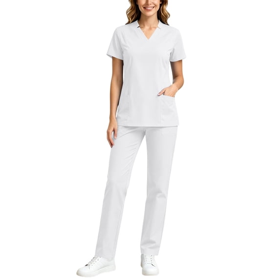IUYRTFE Women V Neck Scrub Set Elastic Waist Drawstring Pants with Pockets for Medical Workwear