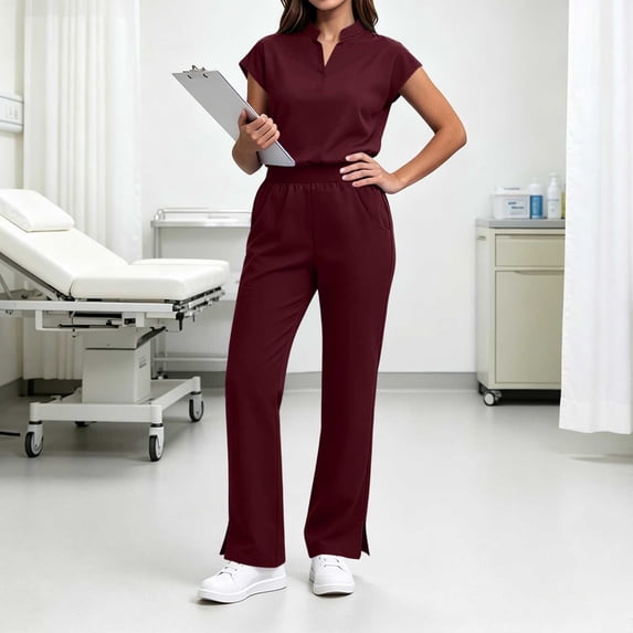 IUYRTFE Women V Neck Short Sleeve Scrub Set Side Slit Pants with Pockets for Healthcare Clinic Daily Wear