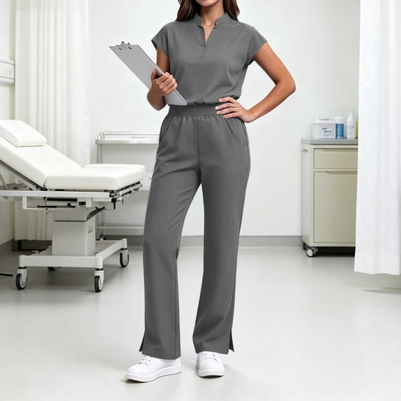 IUYRTFE Women V Neck Short Sleeve Scrub Set Side Slit Pants with Pockets for Healthcare Clinic Daily Wear