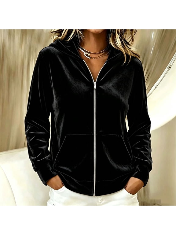 Women Velour Zip Up Hooded Jacket Long Sleeve Casual Winter Coat with Pockets