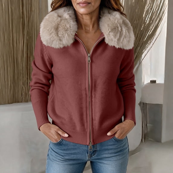IUYRTFE Women Zip Up Jacket Faux Fur Collar Knitted Cardigan Short Coat for Autumn Winter Casual Wear