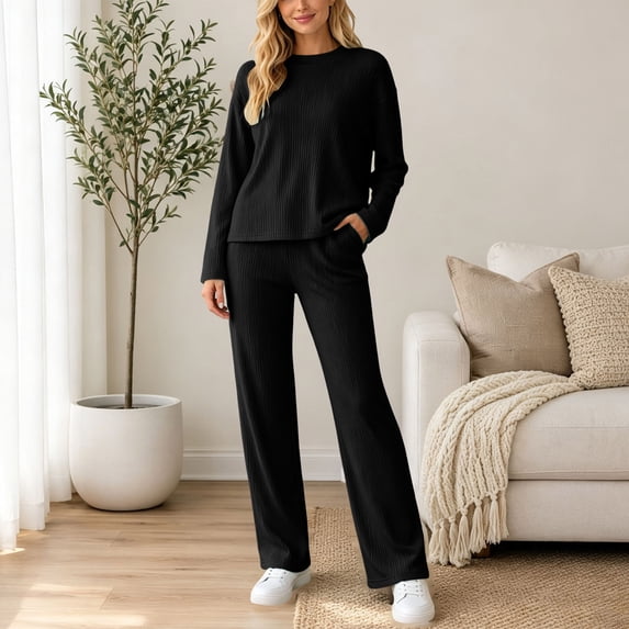 IUYRTFE Women's 2-Piece Ribbed Knit Lounge Set Mock Neck Long Sleeve Top and Wide Leg Pants Casual Matching Outfit