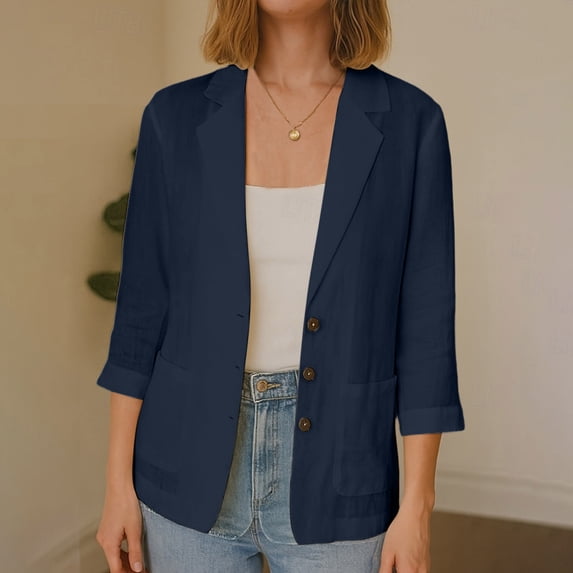 IUYRTFE Women's 3/4 Sleeve Button Front Blazer Jacket Relaxed Fit Casual Workwear Top