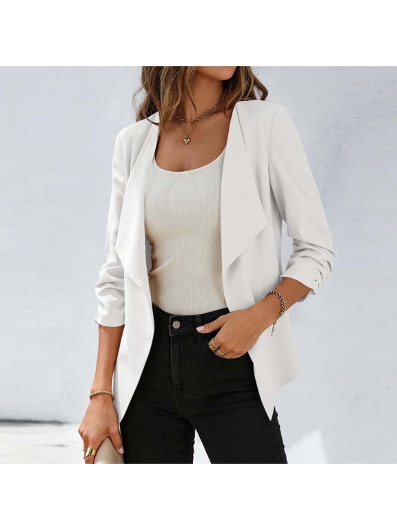 Women's 3/4 Sleeve Open Front Blazer with Lapel Collar and Relaxed Fit Casual Work Jacket