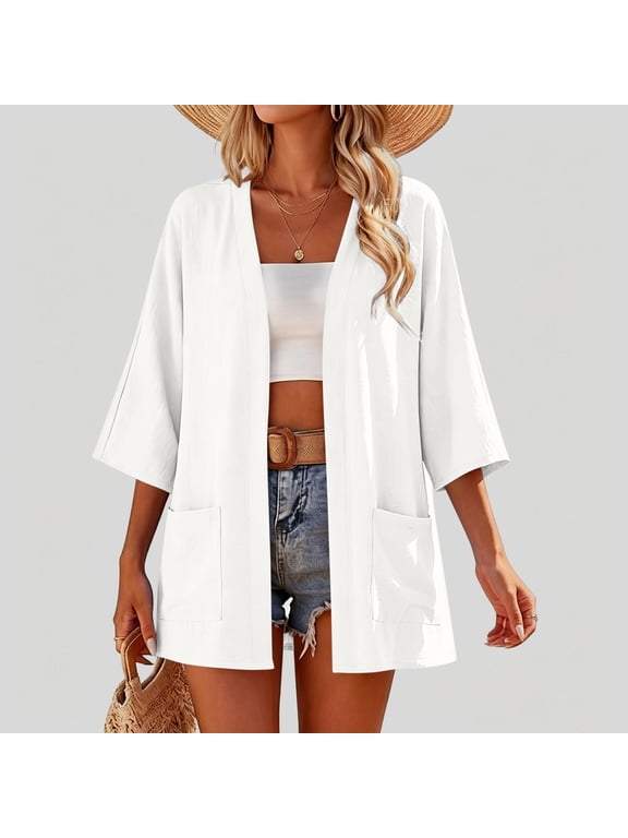 Women's 3/4 Sleeve Open Front Cardigan with Pockets Lightweight Casual Summer Kimono Top