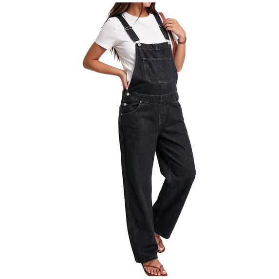 IUYRTFE Women's Adjustable Strap Denim Overalls Loose Fit Maternity Jumpsuit with Pockets