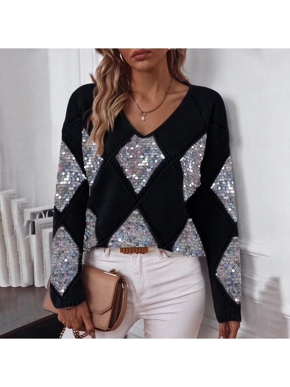 Women's Argyle Pattern V-Neck Sweater Long Sleeve Sequin Knit Pullover Casual Loose Fit Top