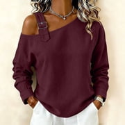 IUYRTFE Womens Asymmetrical Cold Shoulder Long Sleeve Top with Adjustable Strap   Casual Cotton-Linen Blend Blouse for Spring and Fall Daily Wear