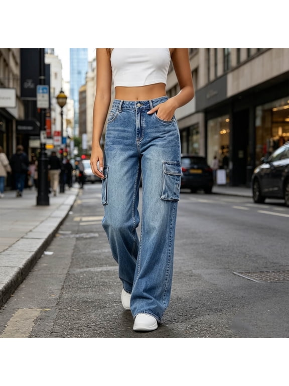 Women's Baggy Cargo Jeans Button Fly Wide Leg Denim Pants with Side Pockets Loose Fit Streetwear