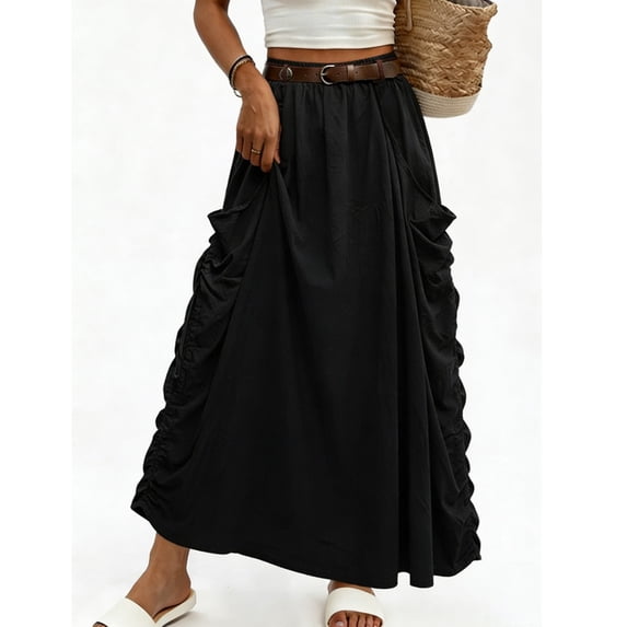 IUYRTFE Women's Bohemian Maxi Skirt with Drawstring Pockets Elastic Waist Loose Fit Summer Casual Long Skirt