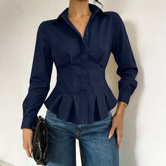 IUYRTFE Women's Button Down Peplum Shirt Long Sleeve Collared Slim Fit Elegant Workwear Blouse