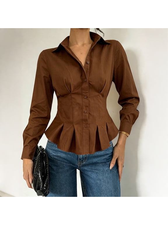 Women's Button Down Peplum Shirt Long Sleeve Collared Slim Fit Elegant Workwear Blouse