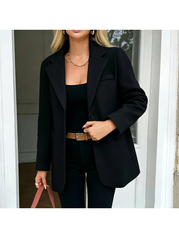 Women's Classic Wool Blend Blazer with Pockets Long Sleeve Button Front Casual Work Coat