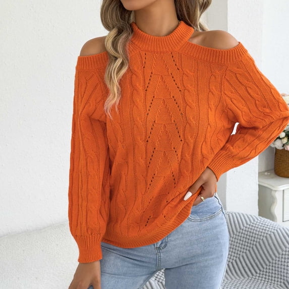 IUYRTFE Women's Cold Shoulder Cable Knit Sweater Long Sleeve Loose Fit Casual Pullover Top