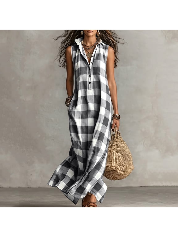 Women's Collared Button Down Sleeveless Gingham Plaid Maxi Dress with Pockets Loose Fit Casual Summer Long Shirt Dress