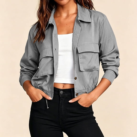 IUYRTFE Women's Collared Button Down Utility Jacket with Flap Pockets Lightweight Long Sleeve Casual Outdoor Coat