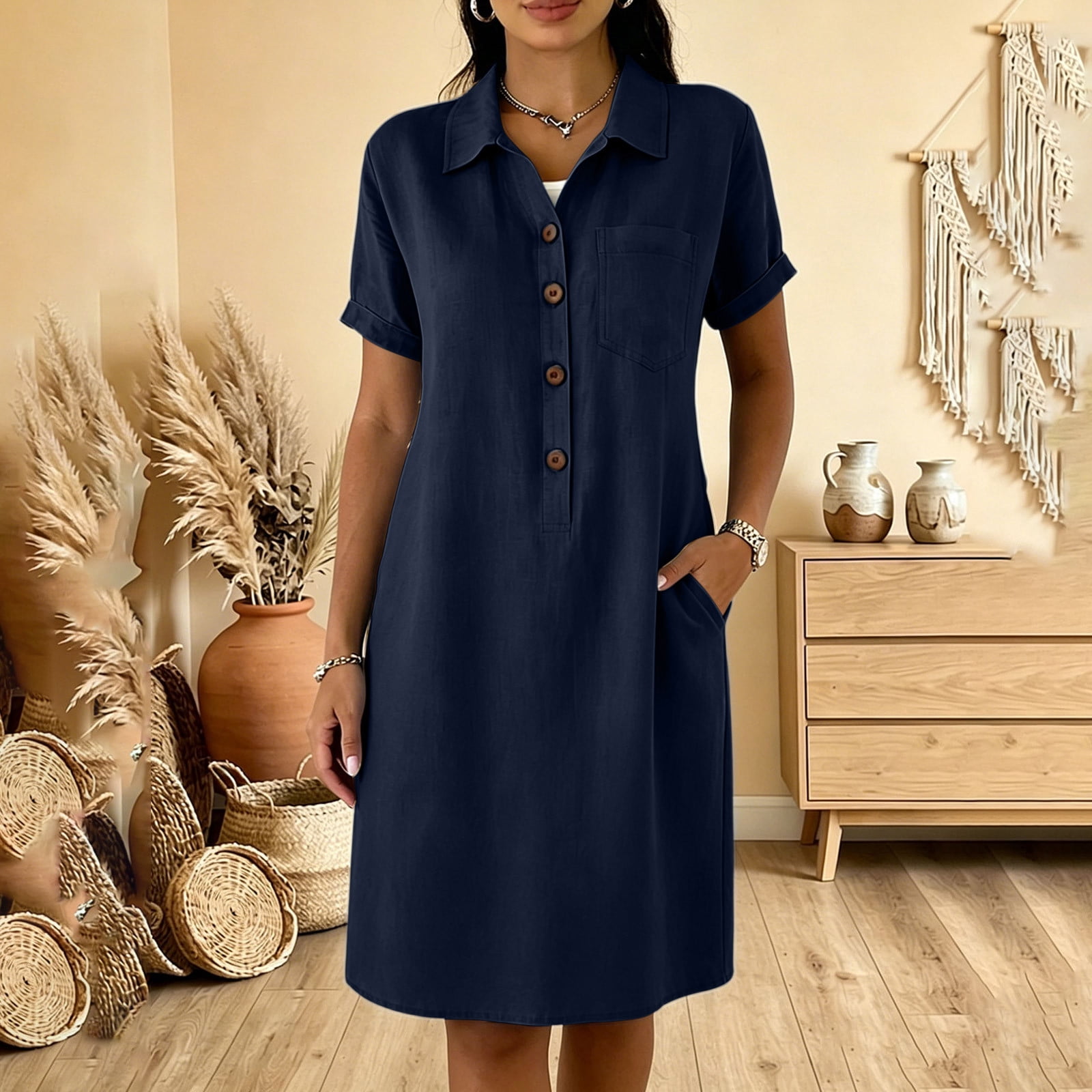 IUYRTFE Women's Collared Button-Front Mini Dress with Pockets – Cotton-Linen Blend Short Sleeve Casual Summer Shift Dress for Beach Vacation and Daily Wear