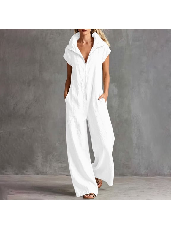 Women's Collared Short Sleeve Zip-Up Jumpsuit Solid Color Relaxed Fit Pocketed One Piece Outfit