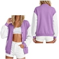 thumbnail image 1 of IUYRTFE Women's Color Block Varsity Bomber Jacket Button Down Long Sleeve Casual Baseball Coat with Pockets, 1 of 6
