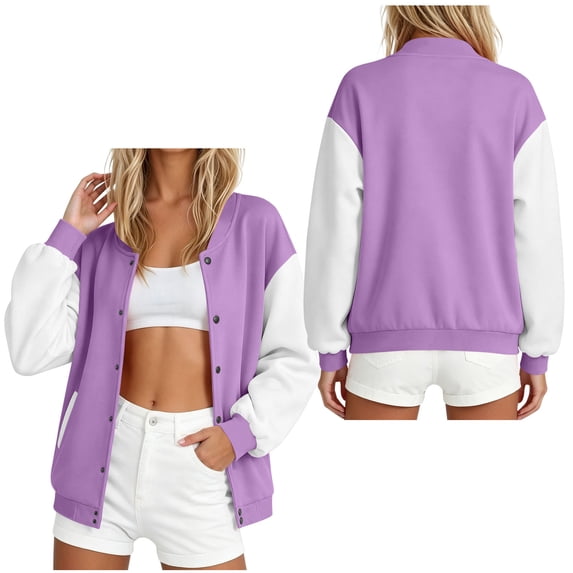IUYRTFE Women's Color Block Varsity Bomber Jacket Button Down Long Sleeve Casual Baseball Coat with Pockets