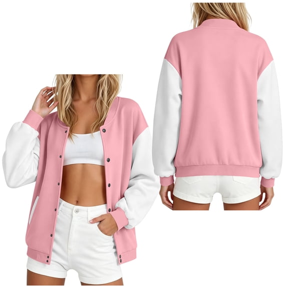 IUYRTFE Women's Color Block Varsity Bomber Jacket Button Down Long Sleeve Casual Baseball Coat with Pockets