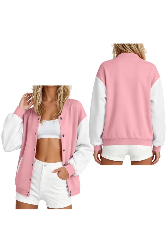 Women's Color Block Varsity Bomber Jacket Button Down Long Sleeve Casual Baseball Coat with Pockets