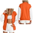 thumbnail image 1 of IUYRTFE Women's Color Block Varsity Bomber Jacket Button Down Long Sleeve Casual Baseball Coat with Pockets, 1 of 5